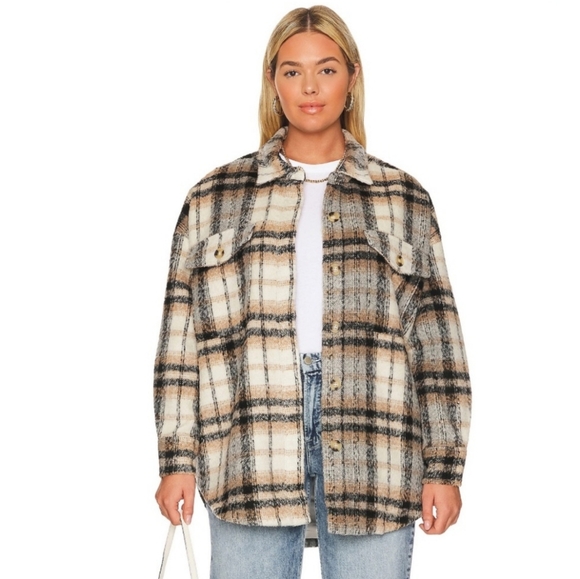 Good American plaid neutral oversized shacket size L/XL - Picture 2 of 9